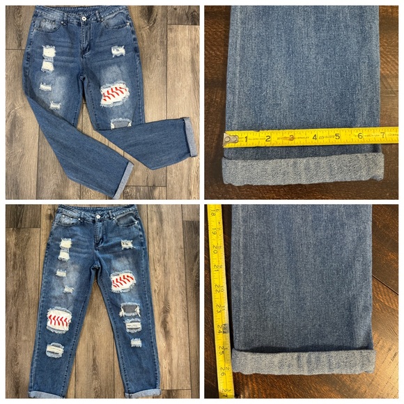 Distressed Baseball Patch Boyfriend Jeans Blue Size 8 - Picture 10 of 17